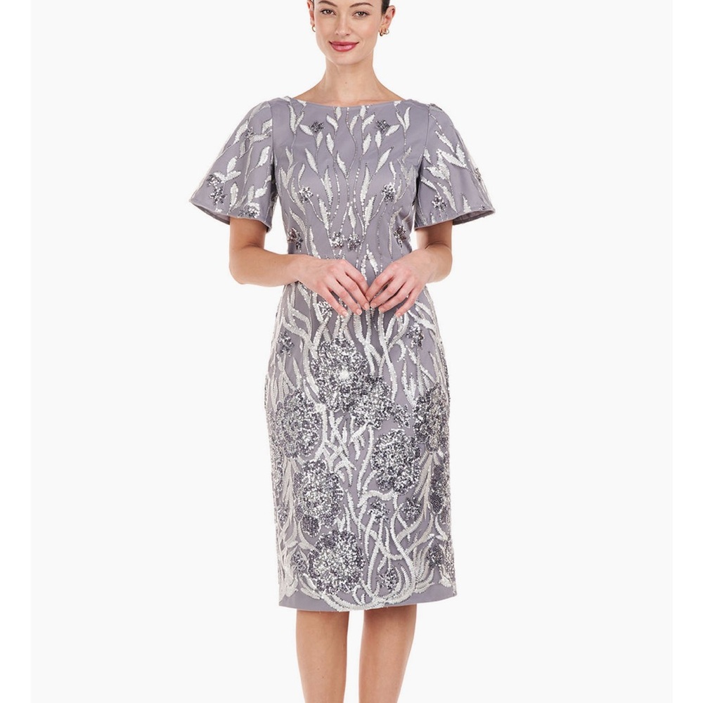 Elegant Silver Floral Midi Dress